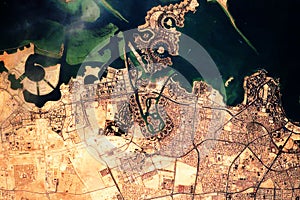 Aerial view of Doha, the capital and largest city of the Arab state of Qatar. Satellite view