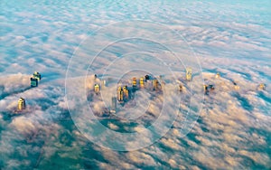 Aerial view of Doha through the morning fog - Qatar, the Persian Gulf