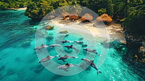 Aerial view of dolphins swimming near a tropical beach with palm trees photo