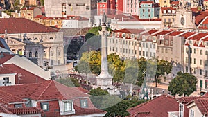 Aerial view of Dom Pedro IV square also know as Rossio with Christmas market timelapse. Lisbon, Portugal