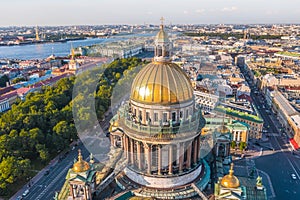 Aerial view dome of the Colonnade of St Isaac`s Cathedral, in background the Admiralty, Peter and Paul Fortress, the Winter Palac