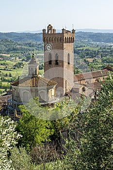 Aerial view of the dome of the Sanctuary of the Holy Crucifix and the Matilde Tower, San Miniato Pisa, Italy