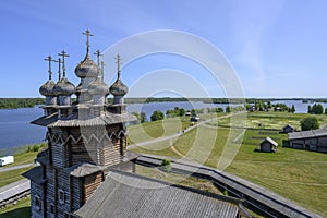 Aerial view of the domes of the Church of the Intercession of the Most Holy Theotokos, on the meadows of Kizhi Island