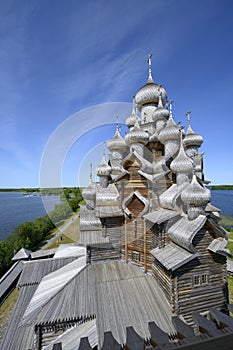 Aerial view of domes and crosses of medieval wooden Church of the Transfiguration of the Lord built in 1714 on Kizhi Island on