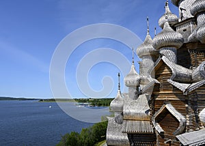 Aerial view of domes and crosses of medieval wooden Church of the Transfiguration of the Lord built in 1714 on Kizhi Island on