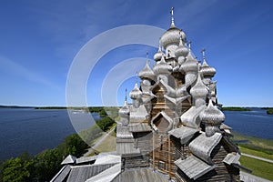 Aerial view of domes and crosses of medieval wooden Church of the Transfiguration of the Lord built in 1714 on Kizhi Island on