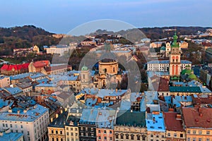 Aerial view of Dominican cathedral, Assumption church and historic center of Lviv, Ukraine. Lvov cityscape