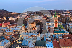 Aerial view of Dominican cathedral, Assumption church and historic center of Lviv, Ukraine. Lvov cityscape