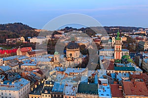 Aerial view of Dominican cathedral, Assumption church and historic center of Lviv, Ukraine. Lvov cityscape