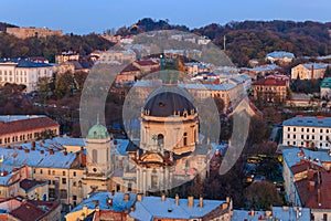 Aerial view of Dominican cathedral and historic center of Lviv, Ukraine. Lvov cityscape. View from Lviv Town Hall