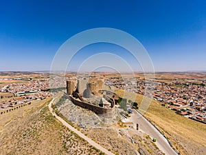 Aerial view of Don Quixote windmills. Molino Rucio Consuegra in the center of Spain