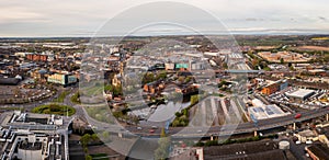 Aerial view of Doncaster city centre with The Minster Church and retail district