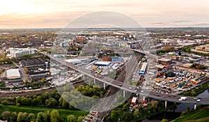 Aerial view of Doncaster city centre with transport links at sunset