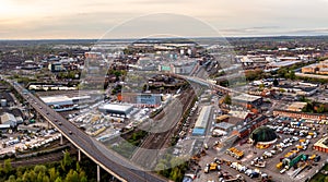 Aerial view of Doncaster city centre with transport links at sunset