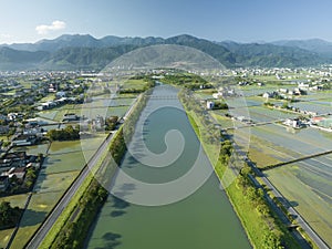 Aerial view of dongshan river in yilan county, taiwan