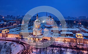 Aerial view of Donskoy Monastery at dusk, Moscow