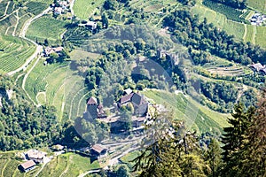 Aerial view Dorf Tirol,  Tirol Castle, Burg, hiking trails, Alto Adige, South Tyrol, Italy