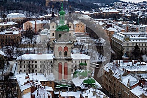 Aerial view of The Dormition (or Assumption) Church in Lviv.