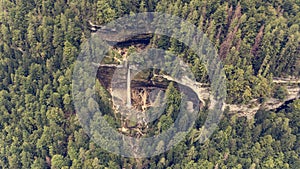 Aerial view of double water fall in a forest.