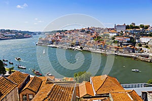 Aerial view of Douro river and Porto old town, Portugal