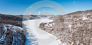 Aerial view down the frozen Cheat River in Morgantown, WV