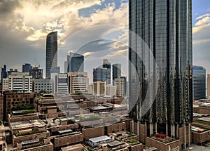 Aerial view of Downtown Abu Dhabi Landmarks - WTC World Trade Center and Abu Dhabi skyline at sunset