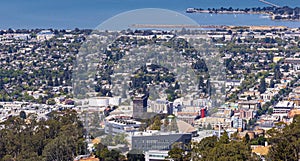 Aerial view of downtown Berkeley California and portion of the San Francisco Bay.