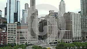 Aerial View of Downtown Chicago USA, Skyscrapers, Millenium Park and Traffic