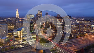 Aerial View Downtown City Skyline Hartford Connecticut After Dark