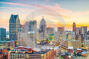 Aerial view of downtown Detroit at sunset in Michigan