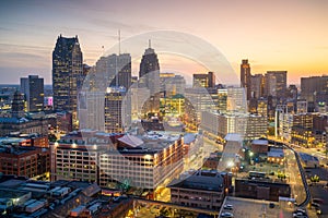 Aerial view of downtown Detroit at twilight