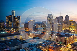 Aerial view of downtown Detroit at twilight