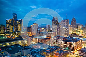 Aerial view of downtown Detroit at twilight