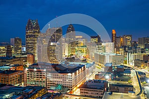 Aerial view of downtown Detroit at twilight