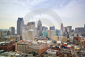 Aerial view of downtown Detroit at twilight