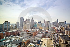 Aerial view of downtown Detroit at twilight