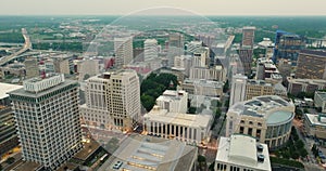 Aerial view of downtown district of Richmond city in Virginia, USA. High skyscraper buildings in modern American midtown