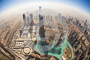 Aerial view of Downtown Dubai from Burj Khalifa, Dubai, United Arab Emirates.