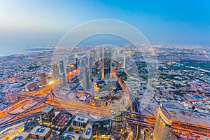 Aerial view of Downtown Dubai at the sunset