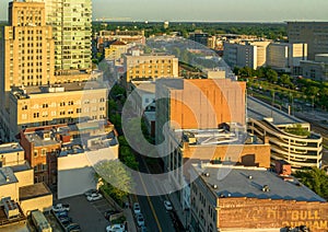 Aerial view of Downtown Durham, North Carolina on a sunny day in summer