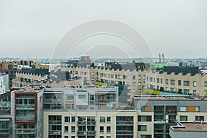 Aerial view of downtown of Helsinki with modern skylines in Finland in a rainy day