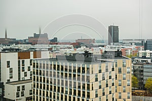 Aerial view of downtown of Helsinki with modern skylines in Finland in a rainy day