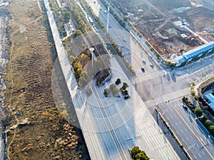 Aerial view of downtown intersection