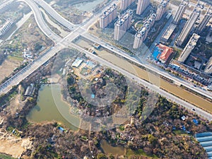 Aerial view of downtown intersection