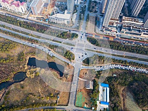 Aerial view of downtown intersection