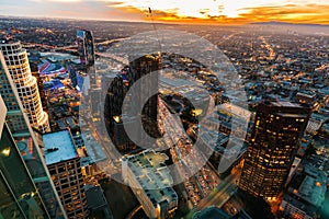 Aerial view of Downtown LA, CA at sunset