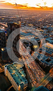 Aerial view of Downtown LA, CA at sunset