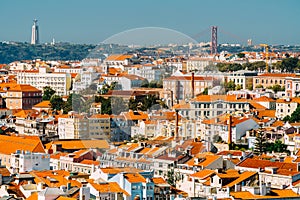 Aerial View Of Downtown Lisbon Skyline Of The Old Historical City And Cristo Rei Santuario Sanctuary Of Christ the King Statue