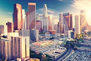 Aerial view of a Downtown Los Angeles before sunset