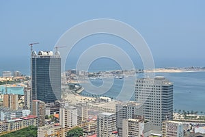 Aerial view of downtown Luanda, bay and Port of Luanda, marginal and central buildings, in Angola